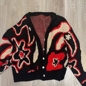 Black Red Cream Abstract Floral Knit Cardigan Sweater